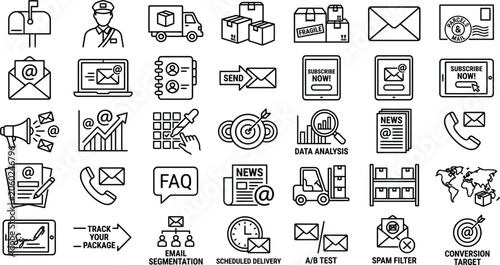 Bilde på lerret Postal service and email marketing line icon set featuring delivery vans, newsle
