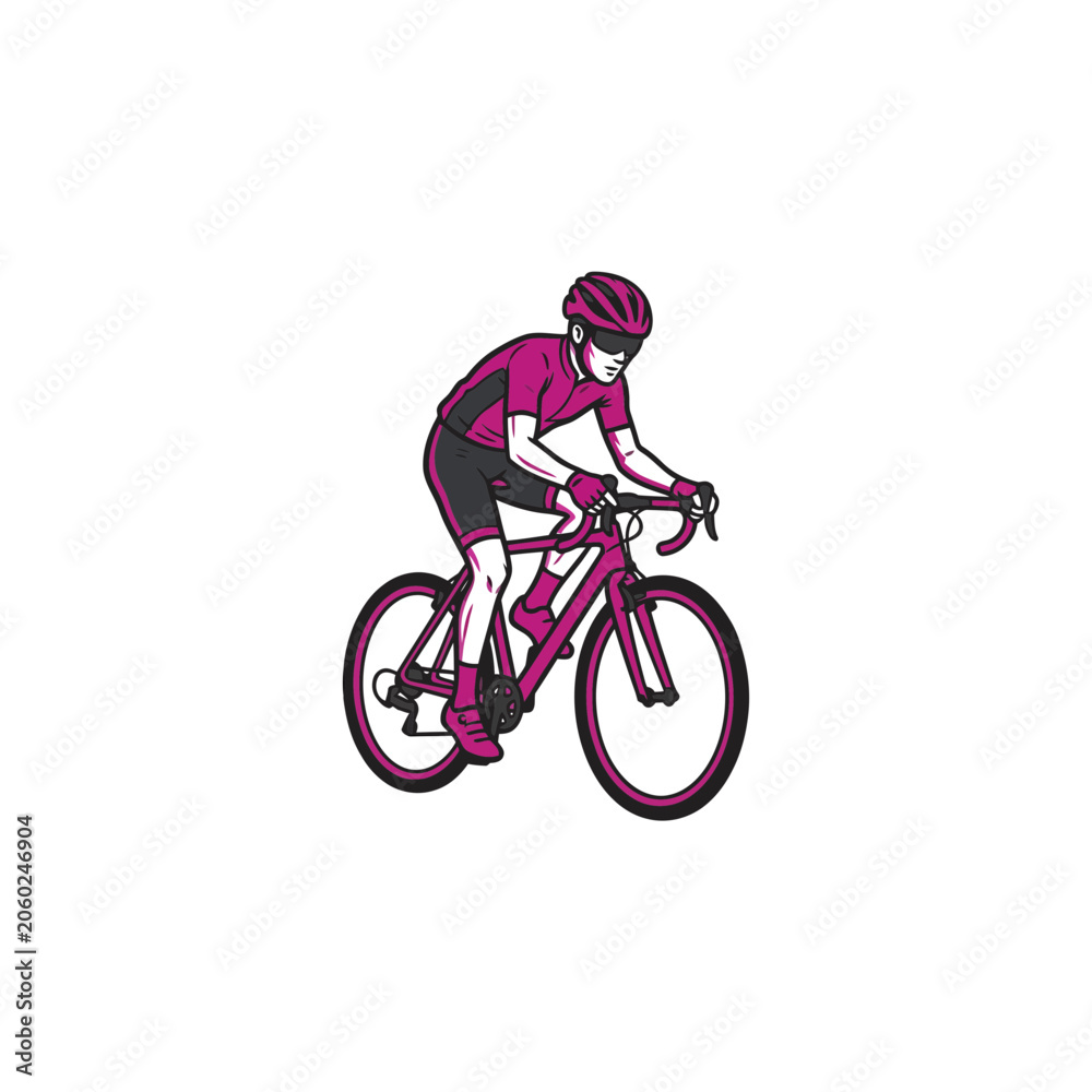 Naklejka premium Playful Cyclist Mascot In Pink And Black Racing Outfit With Helmet And Sunglasses Pedaling A Pink Road Bike In A Determined Athletic Pose, Vector Illustration