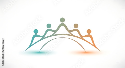 Five colorful abstract figures connecting in an arc, symbolizing teamwork and collaboration on a white background.


