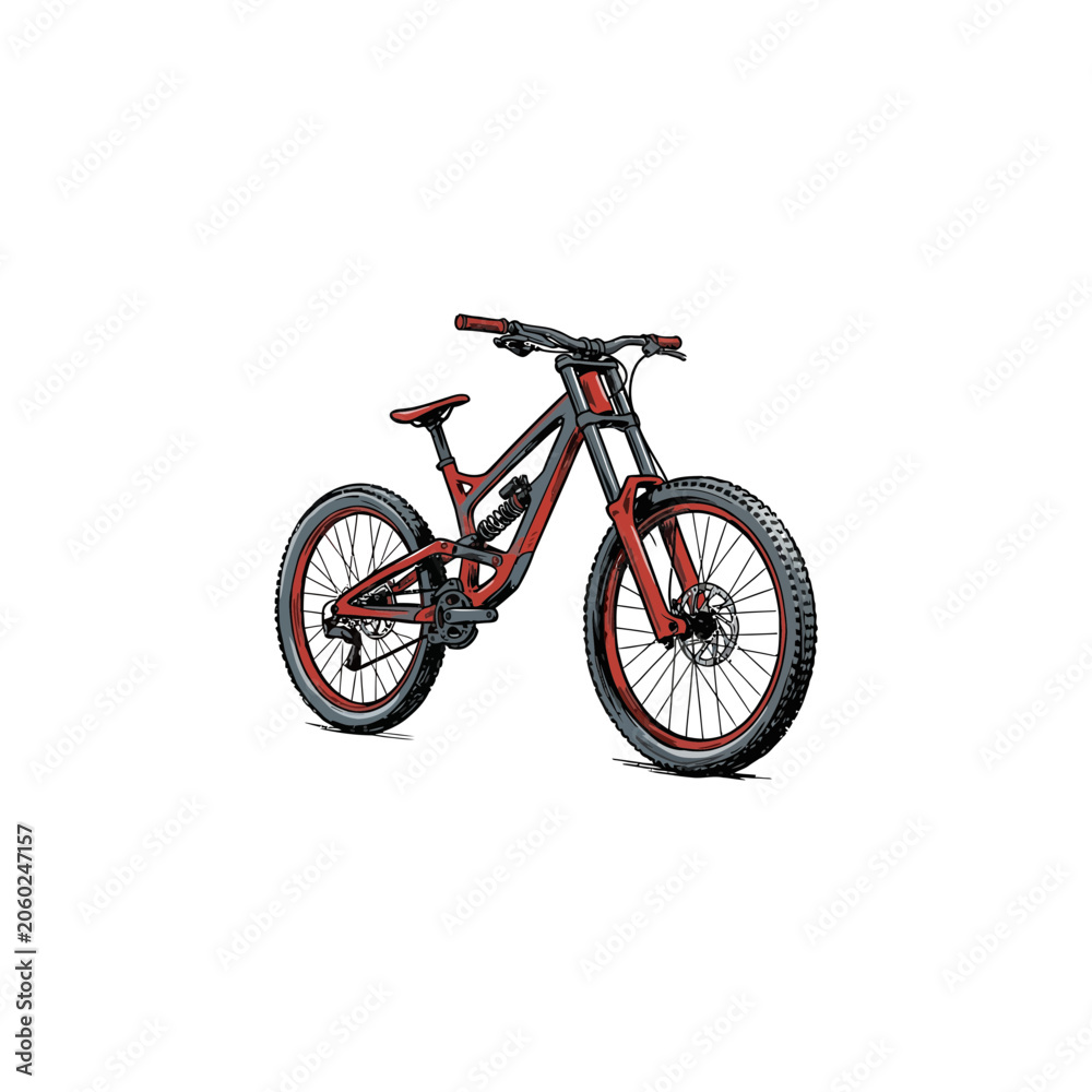 Fototapeta premium Red And Black Full‑Suspension Downhill Mountain Bike Featuring Knobby Tires, Front Fork Shock Absorber, Disc Brakes And Racing Handlebars Rendered As A Detailed Vector Illustration