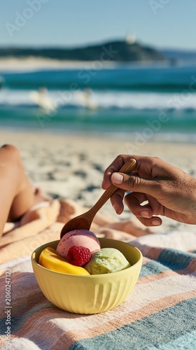 Hot Summer season lifestyle theme. A vivid, sunlit beach scene captured during the golden hour. A hand holds a wooden spoon over a yellow bowl filled with three scoops of ice cream.