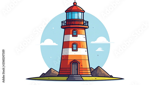 Colorful lighthouse tower structure.