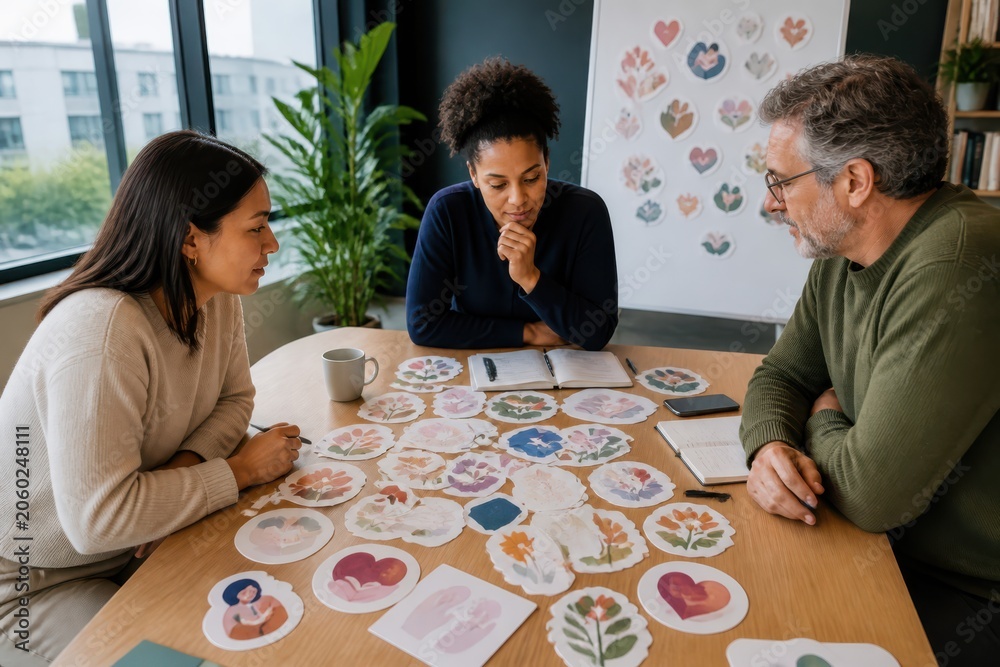 Fototapeta premium Counseling workshop with diverse adults discussing heart cards around a table with copy space
