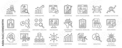 Business insight outline vector icon set featuring business insight, data analysis, KPI, forecasting, reporting, big data, analytics, dashboard, statistics, and data-driven concepts.