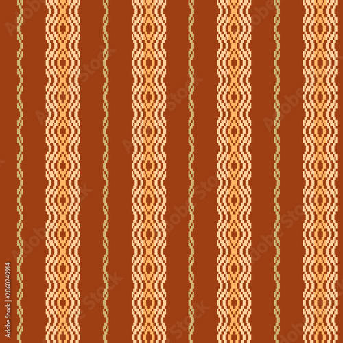 Bohemian Terracotta Seamless Pattern with Intricate Wavy Vertical Ornaments. Vintage Retro Striped Background with Geometric Orange and Cream Waves. Ethnic Style for textiles and Wrapping Paper.