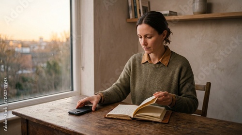 A pensive woman in a cozy sweater sits at a wooden desk, glancing at her smartphone while engaged in reading an open journal by the soft, ambient light filtering through the window.