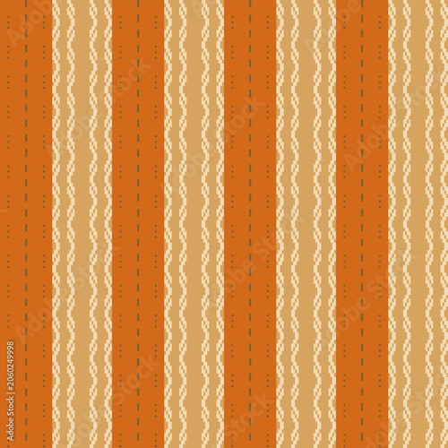 Bohemian Terracotta Seamless Pattern with Intricate Wavy Vertical Ornaments. Vintage Retro Striped Background with Geometric Orange and Cream Waves. Ethnic Style for textiles and Wrapping Paper.