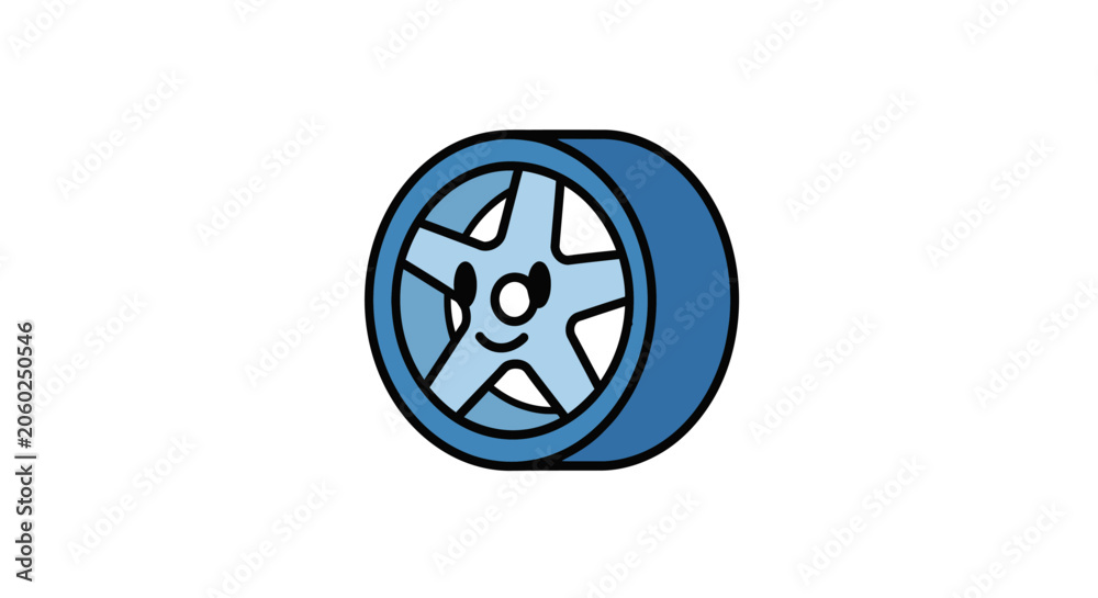Fototapeta premium Smiling light blue cartoon car wheel character.