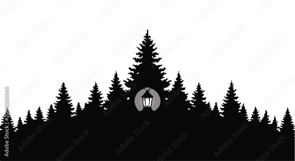 Obraz premium Forest silhouette features a glowing lantern nestled among dark evergreen pine trees.