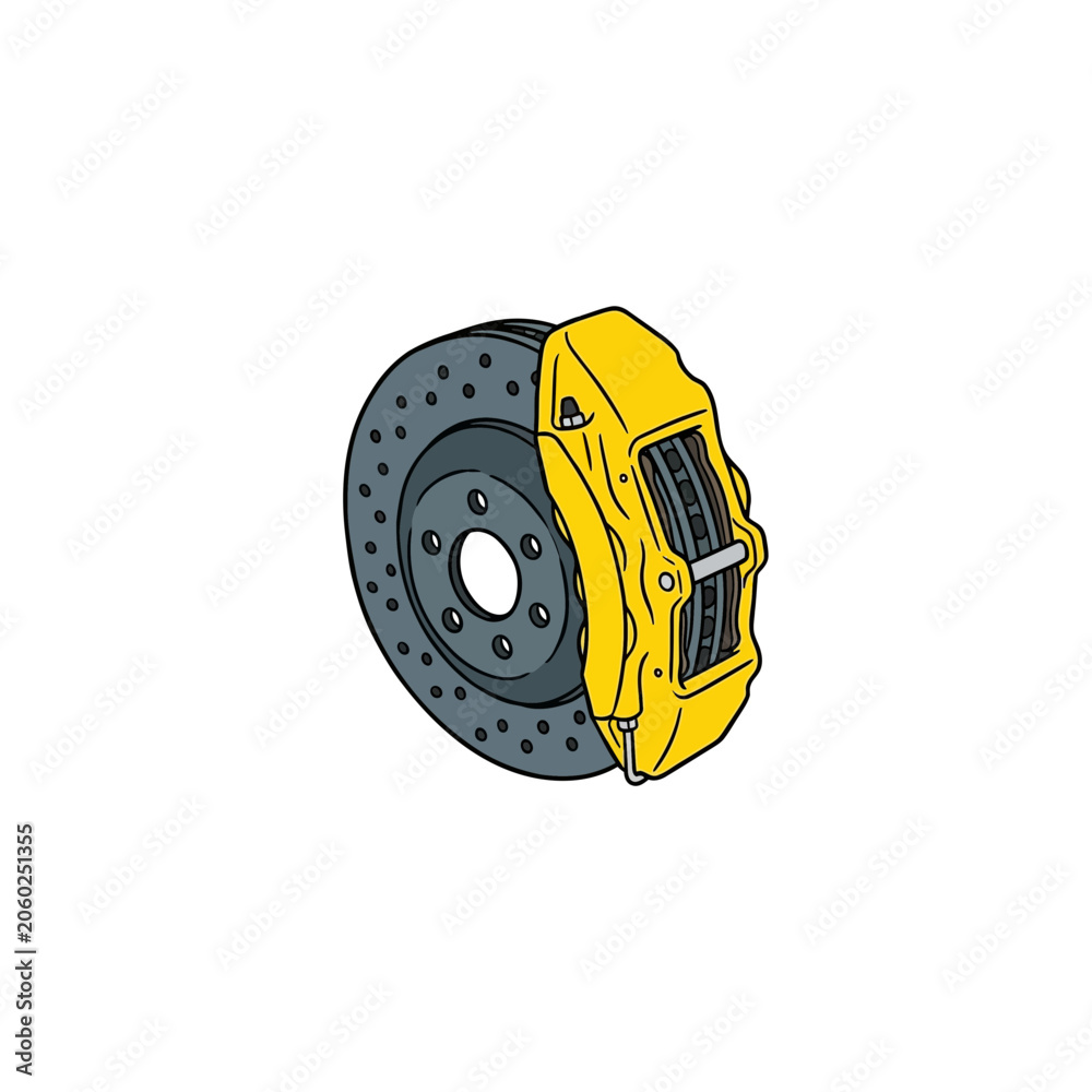 Naklejka premium Yellow Formula 1 Style Brake Caliper Assembly With Vented, Cross‑Drilled Dark Gray Perforated Rotor Disc, High‑Performance Racing Automotive Component Vector Illustration