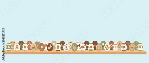 Panoramic vector banner illustration of a set of colorful decorated Easter eggs lined up on a clean shelf, festive holiday background with elegant patterns and minimalist spring aesthetic.