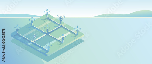 Panoramic vector banner illustration of a smart irrigation system featuring water droplets and sensor icons, highlighting sustainable agriculture technology and automated garden watering solutions.