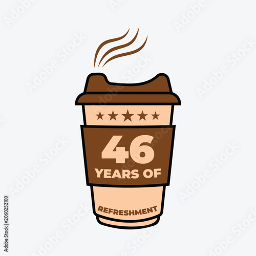 46 Years of Refreshment Coffee Cup Badge Vector Illustration