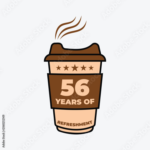 56 Years of Refreshment Coffee Cup Badge Vector Illustration