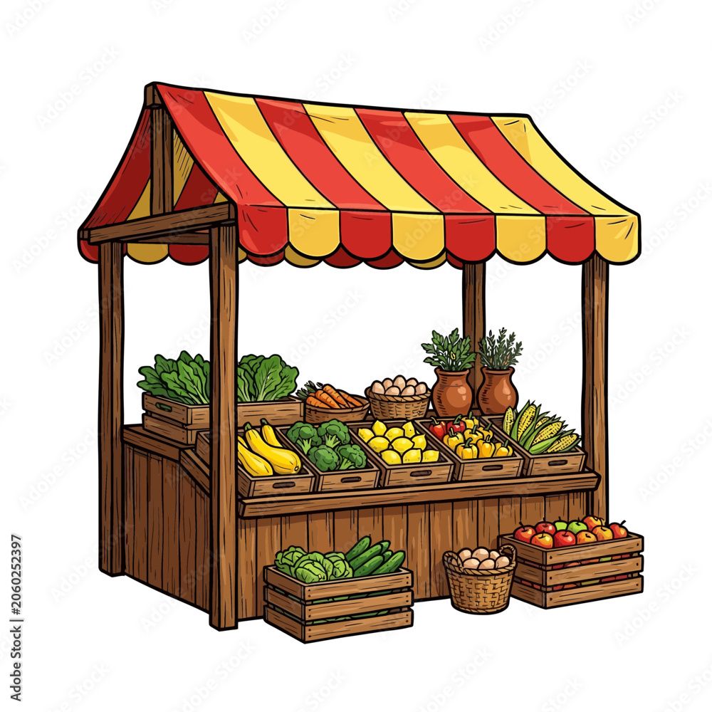 Obraz premium Charming Wooden Farmers Market Stall With Red And Yellow Striped Awning Showcasing Fresh Vegetables, Fruits, Corn, Tomatoes, Apples, Broccoli, Lemons, Squash, Eggs And Vector Illustration