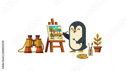 Cute Penguin Artist Painting Nature Scene on Easel with Binoculars and Plant