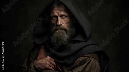 Europe medieval lifestyle. A detailed portrait of an elderly man with a long, full beard and mustache, set against a dark, smoky background. He wears a dark hooded cloak and a brown robe.