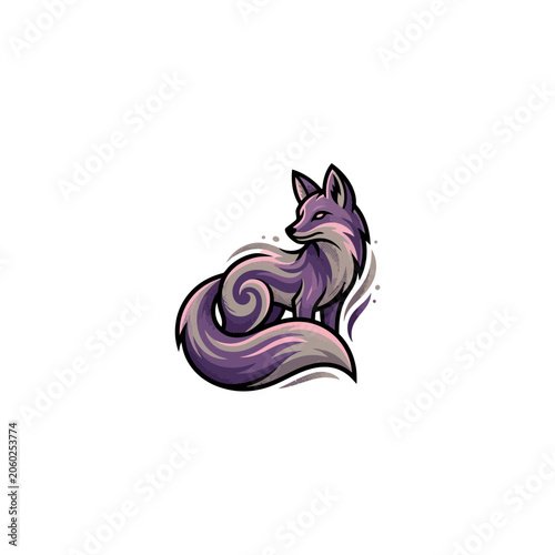 Obraz na płótnie Stylized Purple And Pink Fox Mascot With Large Swirling Curled Tail, Halftone Do