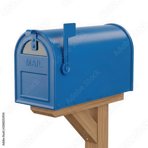 Blue mailbox on a wooden post