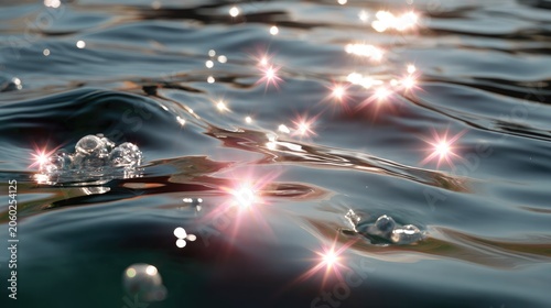 Shimmering Water Surface: Close-up view of a body of water, with sunlight glinting off the ripples and creating a magical sparkle effect on the fluid surface.