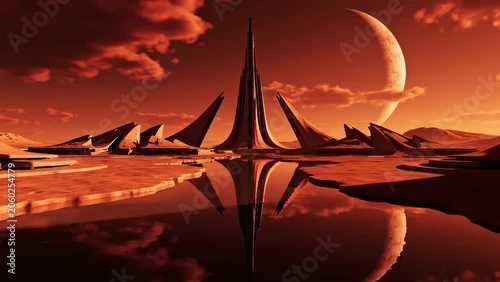 Futuristic city on an alien planet with a large moon in the sky, reflecting on the water