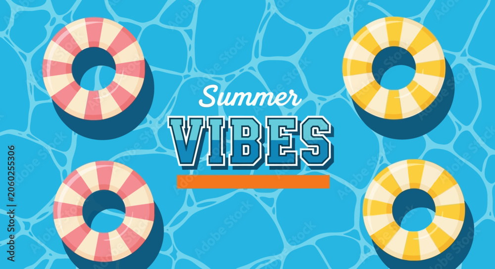 Fototapeta premium Summer vibes with colorful inflatable rings floating on blue water background