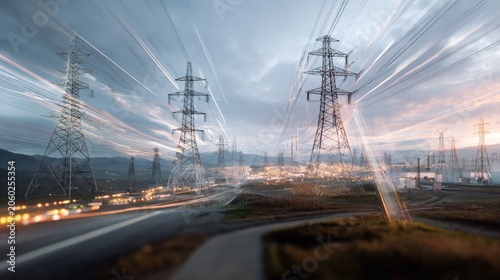High-Voltage Power Lines at Dusk: Towering electricity pylons stand against a dramatic sky, their silhouettes illuminated by the last rays of sunlight and distant city lights.
