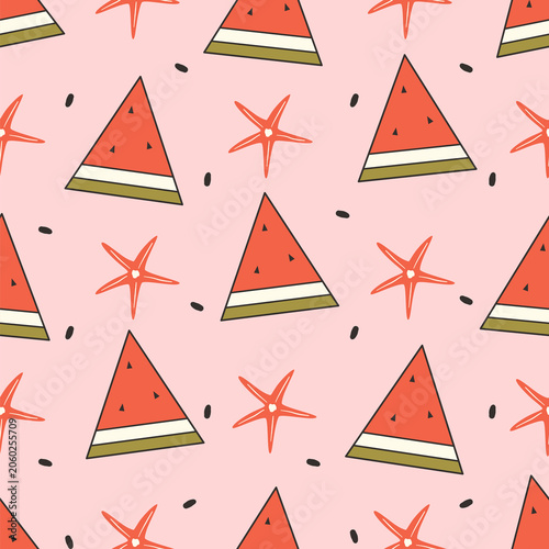 Cute Hand Drawn Seamless Summertime Vector Pattern with Watermelon Slices and Starfish in Retro Style on Pink Background