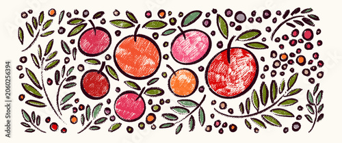 Hand-drawn illustration of stylized fruits, leaves and berries in a rustic, textured art style. Ornate botanical composition featuring floral elements with a crayon-like charcoal outline. Artistic