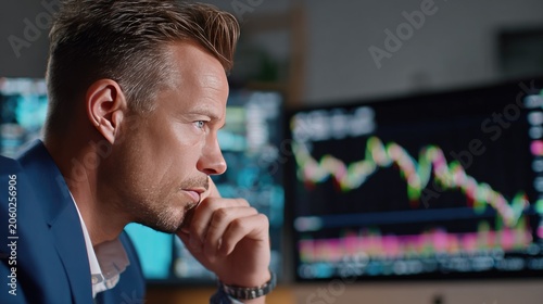 Focused Investor Analyzing Market Data: A determined businessman, dressed in a sharp suit, intently studies stock market graphs on a computer monitor.