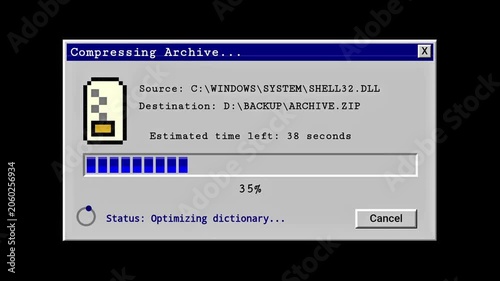 Vintage Computer Screen Shows File Compression Progress Bar, Data Backup Process