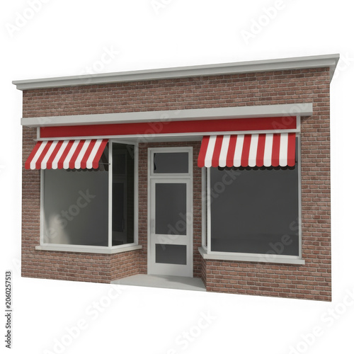 Storefront with red and white striped awnings