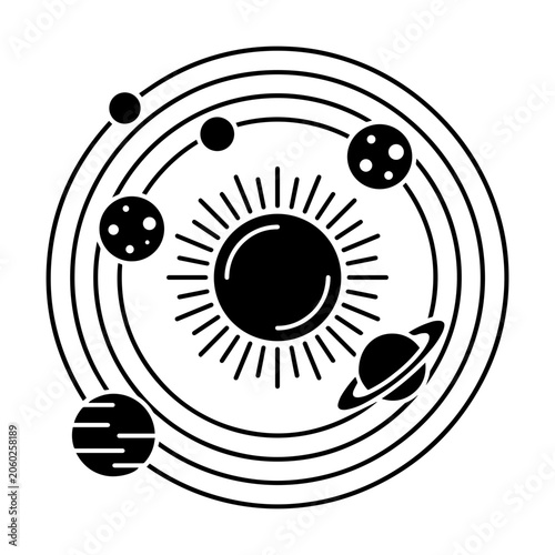 Obraz na plátně Minimalist black and white solar system icon illustration with astronomy