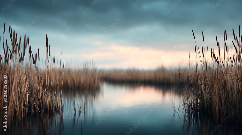 Obraz premium A serene marshland scene with tall reeds reflecting in calm water under a moody, overcast sky.