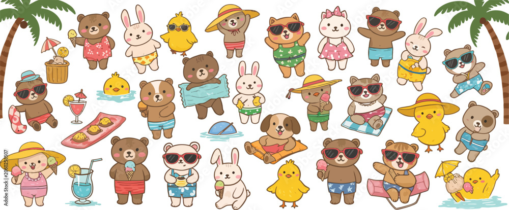 Fototapeta premium A collection of cute hand drawn bear characters enjoying summer vacation with tropical elements like palm trees cocktails and beach accessories on white background