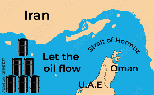 Strait of Hormuz oil flow vector map infographic. Geopolitical background showing sea shipping route between Iran, Oman, and UAE with crude oil barrels, trade logistics and energy concept.