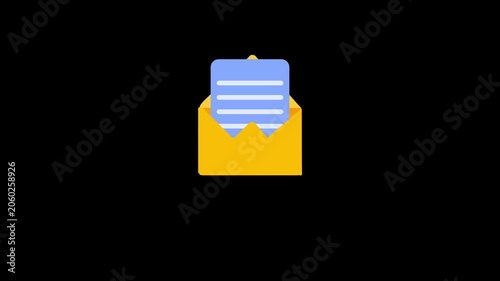 animation Yellow Open Envelope with Document Icon, Receiving New Mail or Message Notification