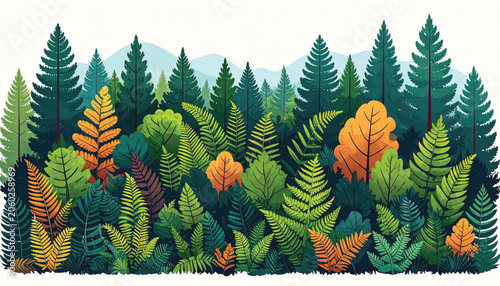 Colorful illustration of various ferns.