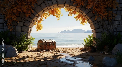 Ancient Stone Archway Overlooking a Secluded Beach with a Treasure Chest.