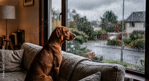 Dog watching rain through window from living room sofa