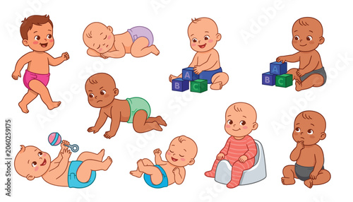 Schilderij op canvas Cute infants and happy babies in daily routine vector character illustration set