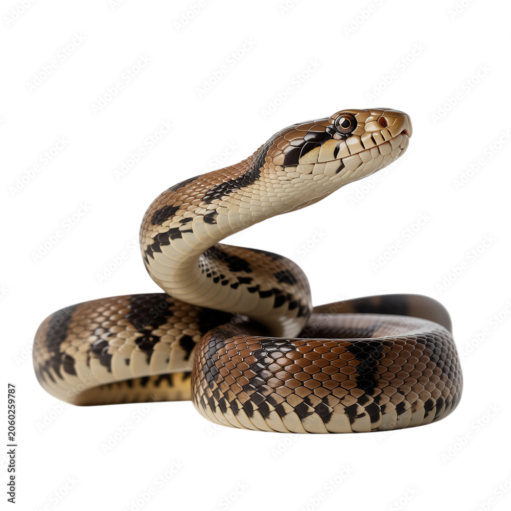 Fototapeta premium Coiled brown snake raised in defensive s curve pose isolated on transparent background cutout asset