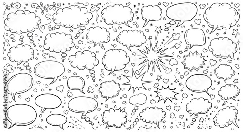 Fotografija A black and white illustration of various comic book style speech bubbles and th