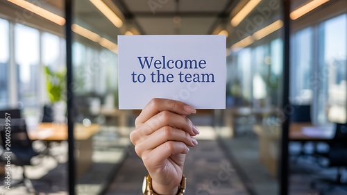 A hand holding a white card with Welcome to the team message in blue text