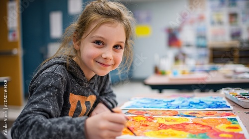 Young artist creating vibrant watercolor painting with joyful expression in colorful classroom art studio setting