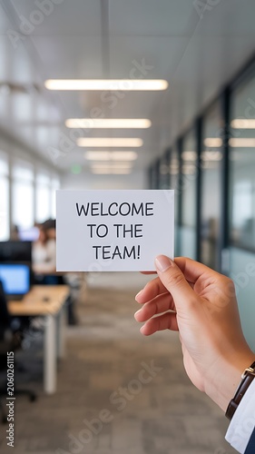 A persons hand holds a WELCOME TO THE TEAM! sign in a bright modern office