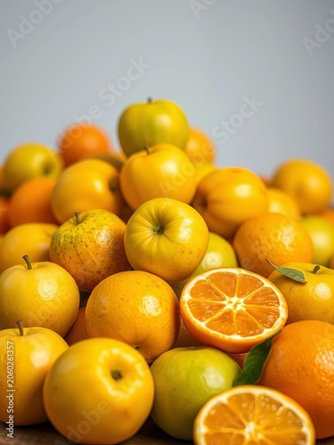 Pyramid of crisp, green apples and juicy oranges, oranges, produce