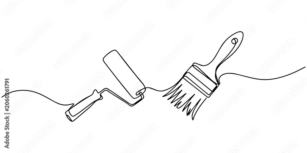 Obraz premium paintbrush continuous one line drawing, paintbrush continuous one line drawing, Continuous one line drawing of brush with paint. Construction and repair. Paint brush outline drawing illustration. one