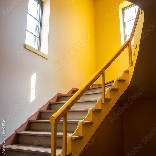 Staircase with yellow handrail and natural light from window, welcoming atmosphere, interior style