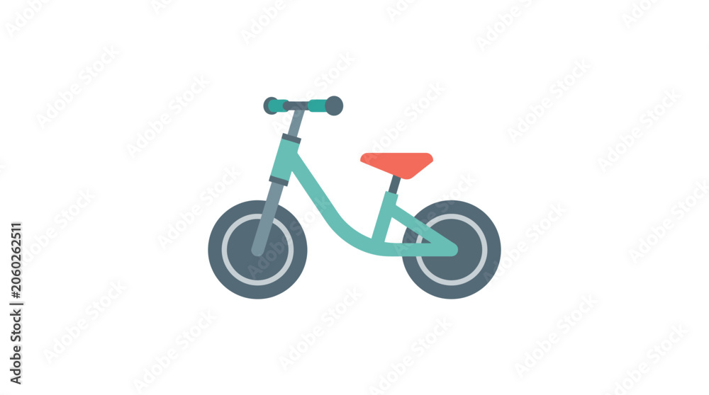 Fototapeta premium Turquoise balance bike with orange seat, isolated on white background, flat design